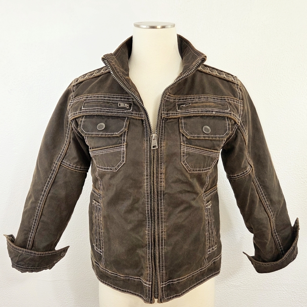BKE Boys Antique Jacket Dark Brown Bomber Faux Leather Size Medium NEW NWT